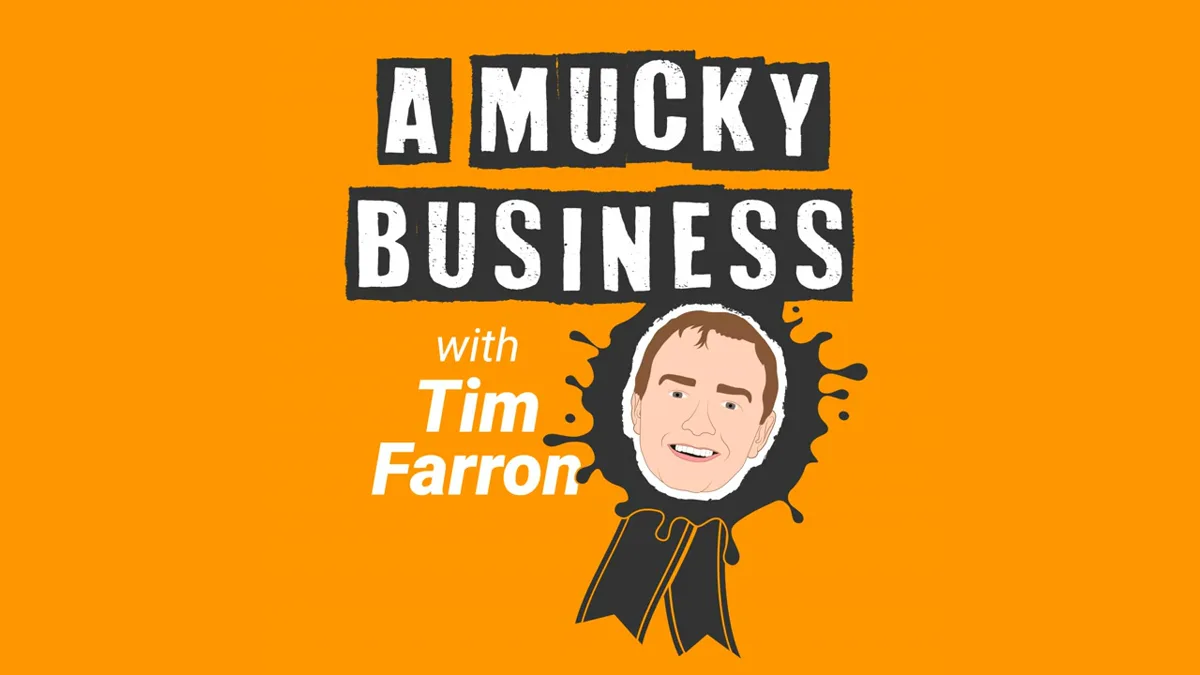 Title card for A Mucky Business, Tim Farron MP's Premier Christian Radio podcast, featuring a cartoon portrait of Farron and the show's logo